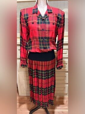 VTG 80s Ronnie Heller MJ Red Plaid Pleated Midi Dress